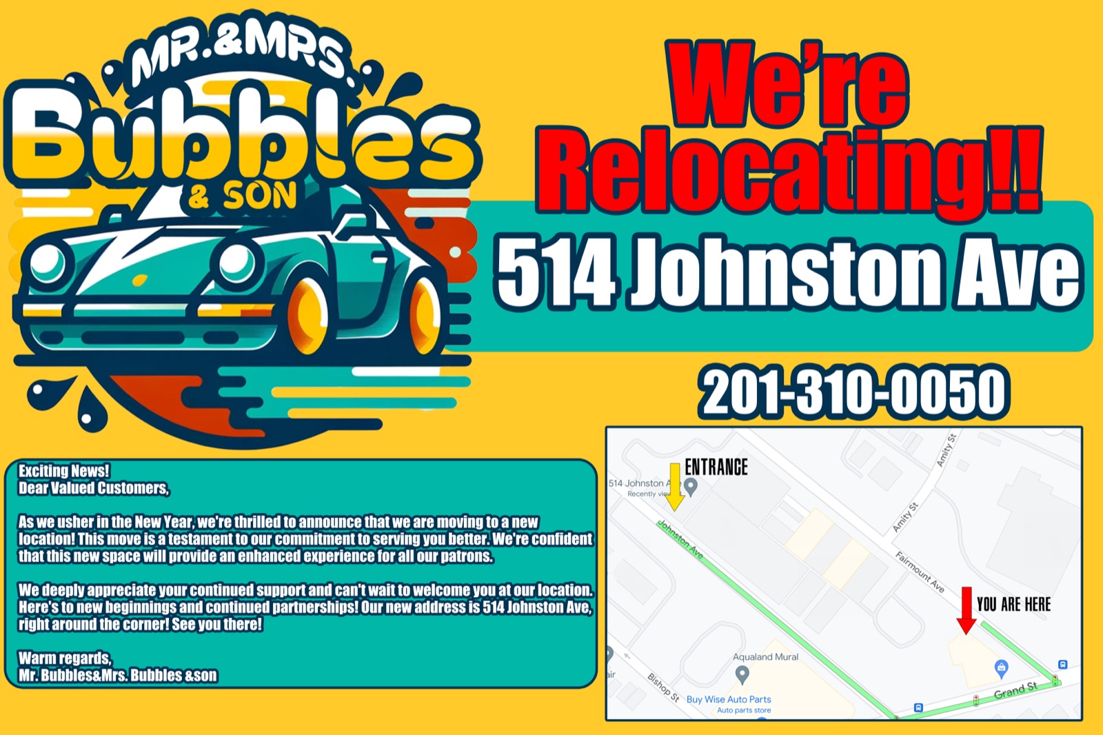 Relocation announcement showing 514 Johnston Ave and 201-310-0050